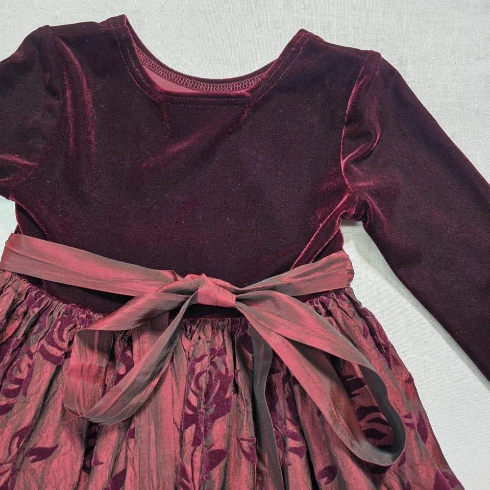 Vtg Bonnie Jean Dress Girls 4 Burgundy Velvet Burn Out Skirt Sash Holiday‎ Union
